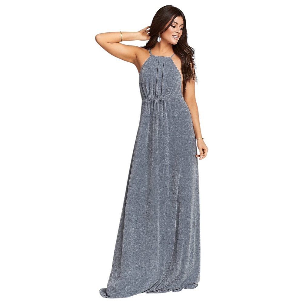 Show Me Your MuMu Gray Metallic Silver High Neck Cinched Empire Backless Dress S